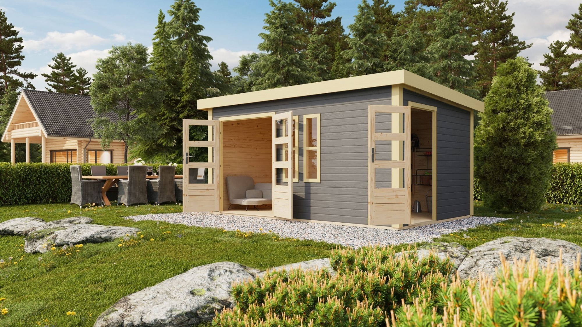 Karibu Gartenhaus Gerätehaus 2-Raum-Haus Schönbuch 2 terragrau 426x276x228 cm