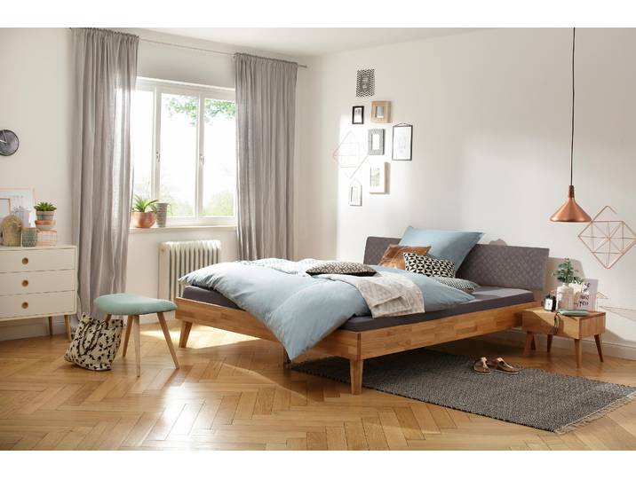 Bett HOME AFFAIRE Natali , braun (eiche, grau, eiche), B:186cm H:81cm L:210cm, Betten, Bett, aus massiver Eiche, gepolstertes Kopfteil mit Kunstlederbezug
