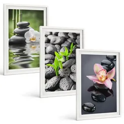 BILDER SET 3er Set - 40x60 cm Weißer Rahmen - Eine ruhige Zen-Komposition aus Blumen und Wasser
