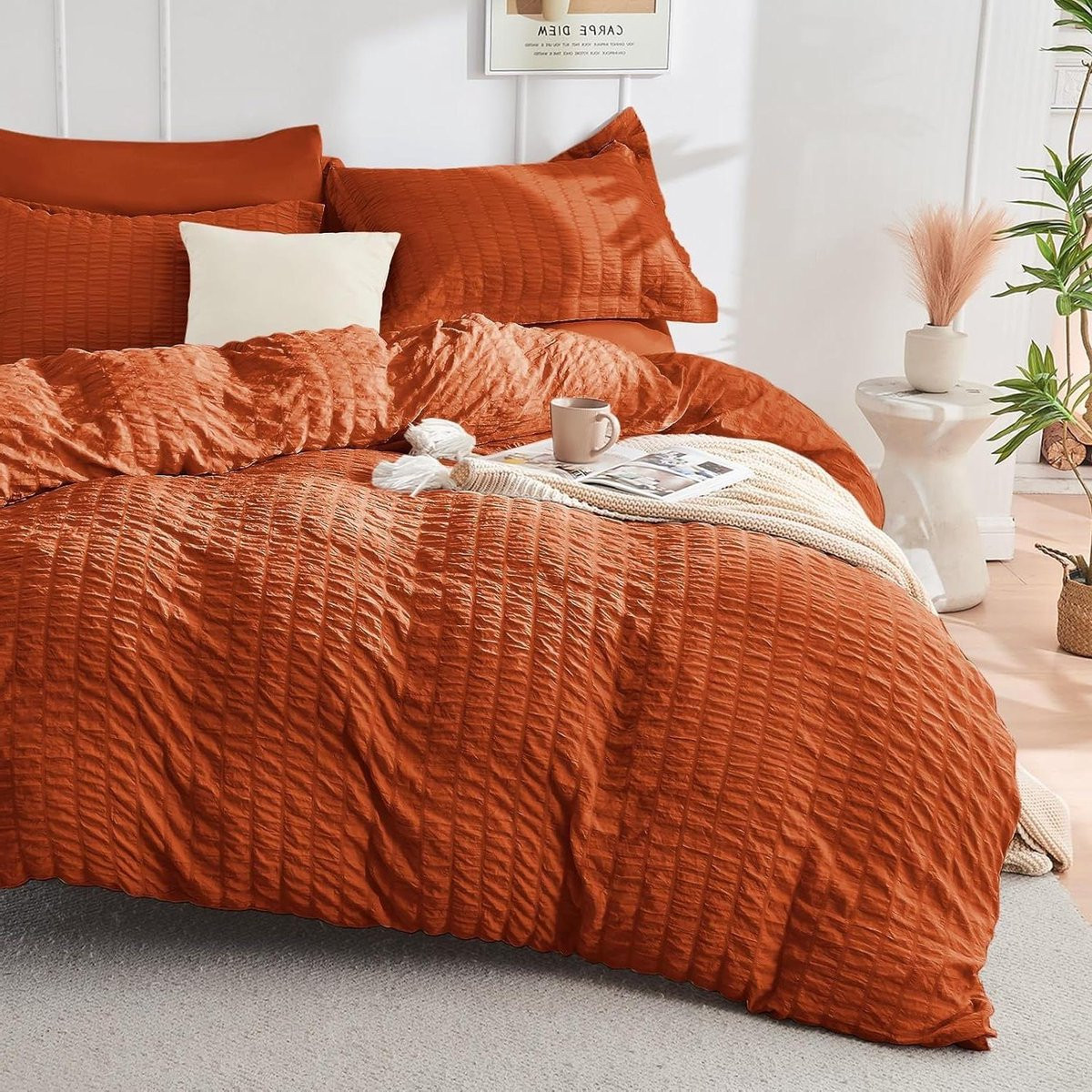 Kreukvrij Seersucker Dekbedovertrek Set Queen 228x228 cm - Terracotta