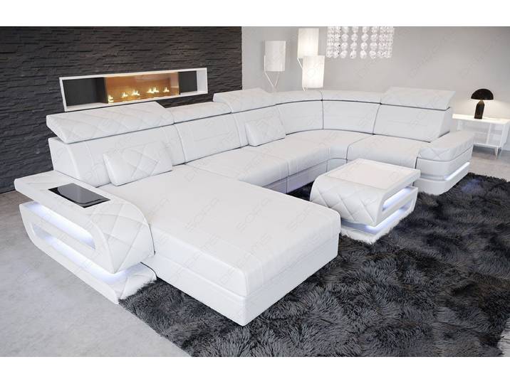 Sofa Dreams Wohnlandschaft Bologna U Form Leder, 6-Sitzer, Couch, opt. Schlaffunktion, Kopfstützen, Farbwechsel-LED