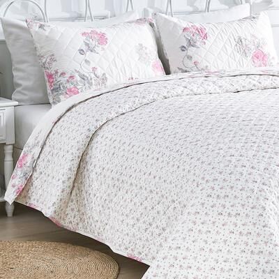 Melange Home Floral Stripe Printed Prewashed Percale Cotton Quilt Set