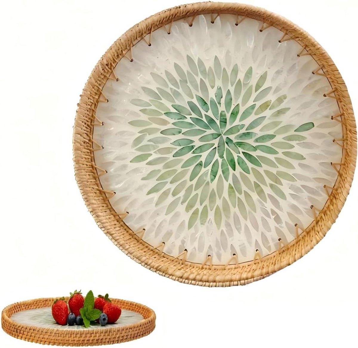 Ronde Rieten Schaal Groen - Decoratieve Handgeweven Plate - Diameter: 30 cm