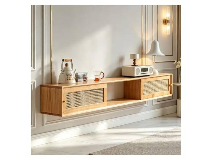 Wandmontierter TV-Ständer Aus Massivem Holz, Schwebender Medienschrank 120/150/180 Cm/47,2/59,1/70,9 Zoll, Offene Ablagefächer, Platzsparend, for Wohnwände Und TV-Schränke(Natural,L150CM/59.1 )