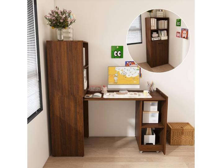 Bureau extensible pliable avec rangement plateau coulissant et étagères réglables gain de place noyer foncé chambre bureau