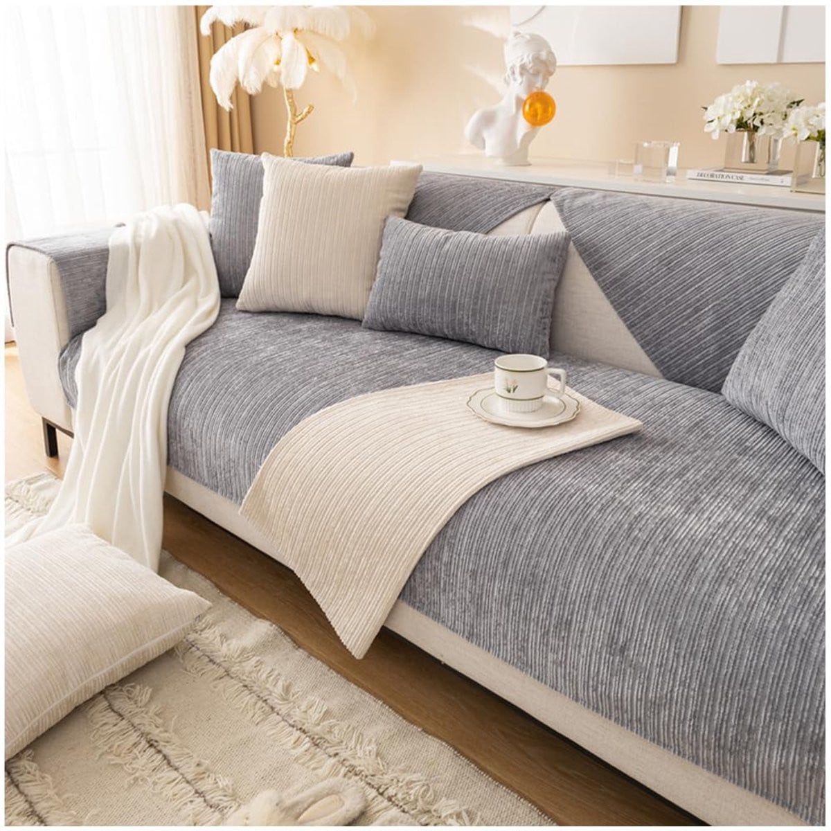 Ibenzoa Grijze Chenille Sofahoes met Antislip voor Meerdere Zitplaatsen