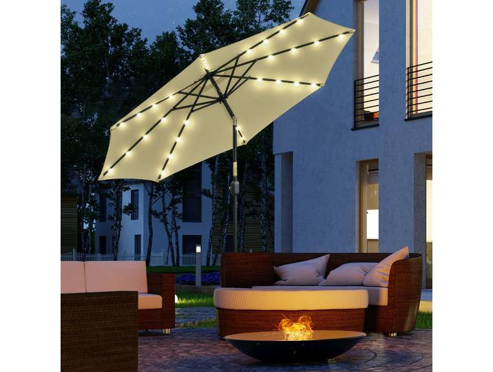 Outsunny Parasol Ø265cm Beige LED Solaires Inclinable avec Manivelle