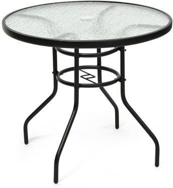 Costway 32 Inch Patio Tempered Glass Steel Frame Round Table with Convenient Umbrella Hole