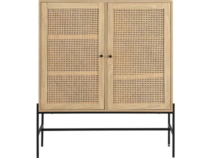 Buffet haut 2 portes en cannage naturel et effet chêne 100 cm - Iris