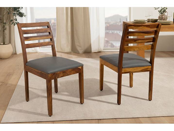 Massiver Stuhl MAKASSAR braun stone finish Sheesham dunkelgrau Kunstleder Polsterstuhl Esszimmerstuhl Küchenstuhl Klassisch