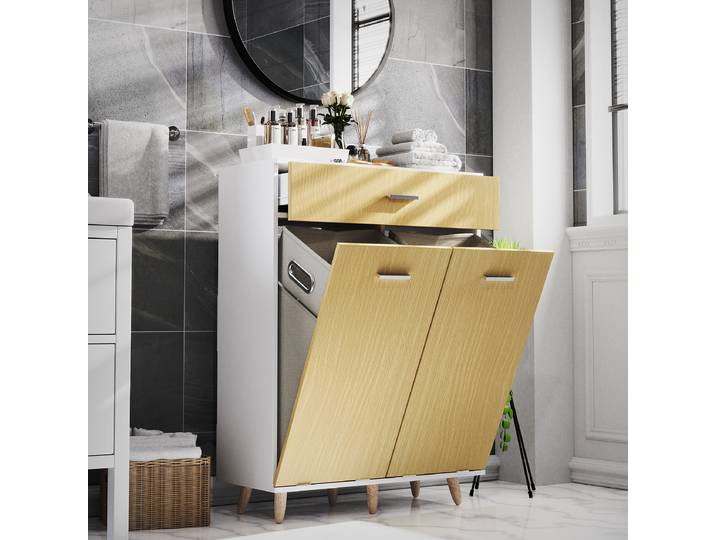 Meuble bas Landos avec bascule à linge 79cm Blanc/Blanc/Imitation chêne