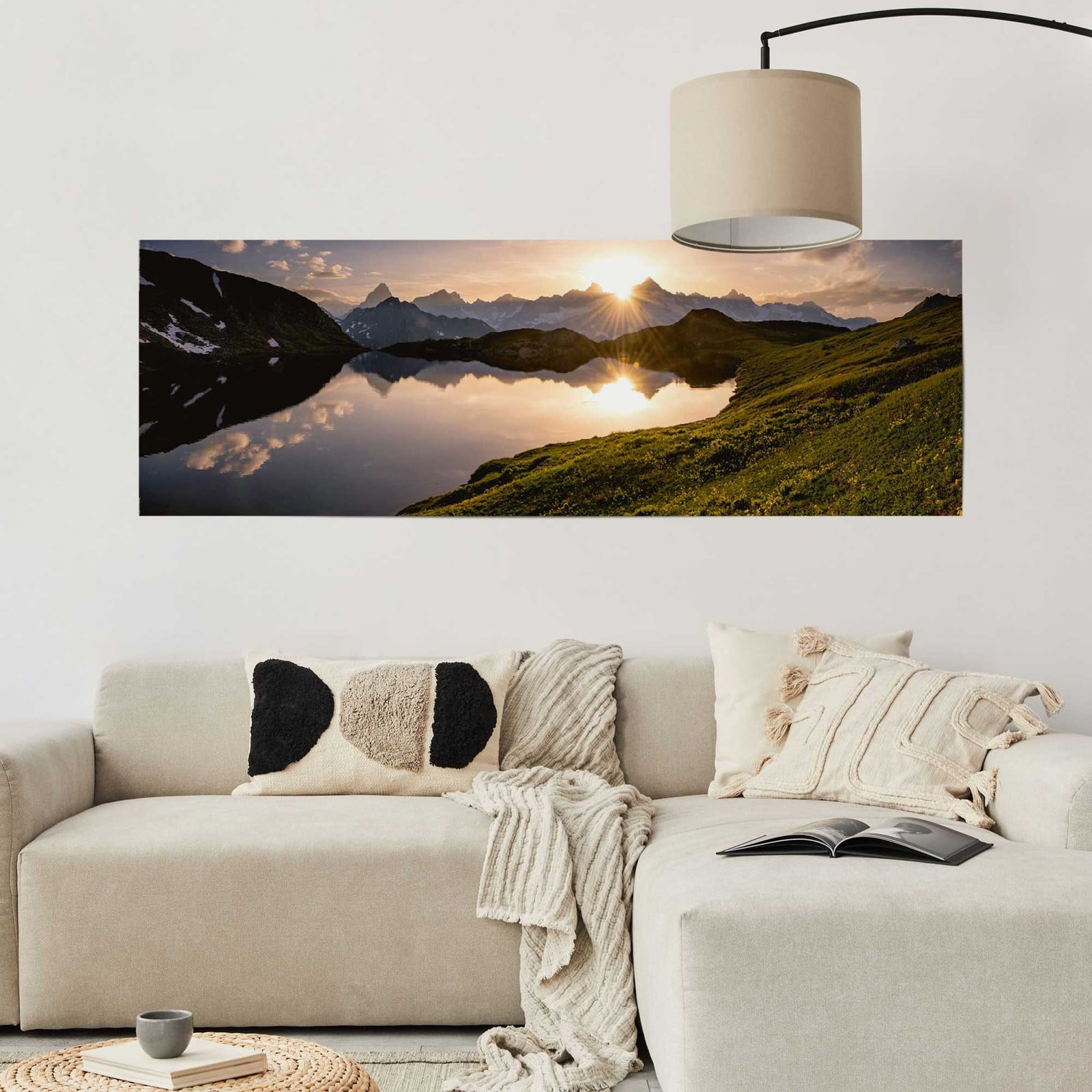 home24 Poster Bergmeer Zonsondergang Landschap op Papier, Meerdere Kleuren, B: 53 cm, H: 158 cm