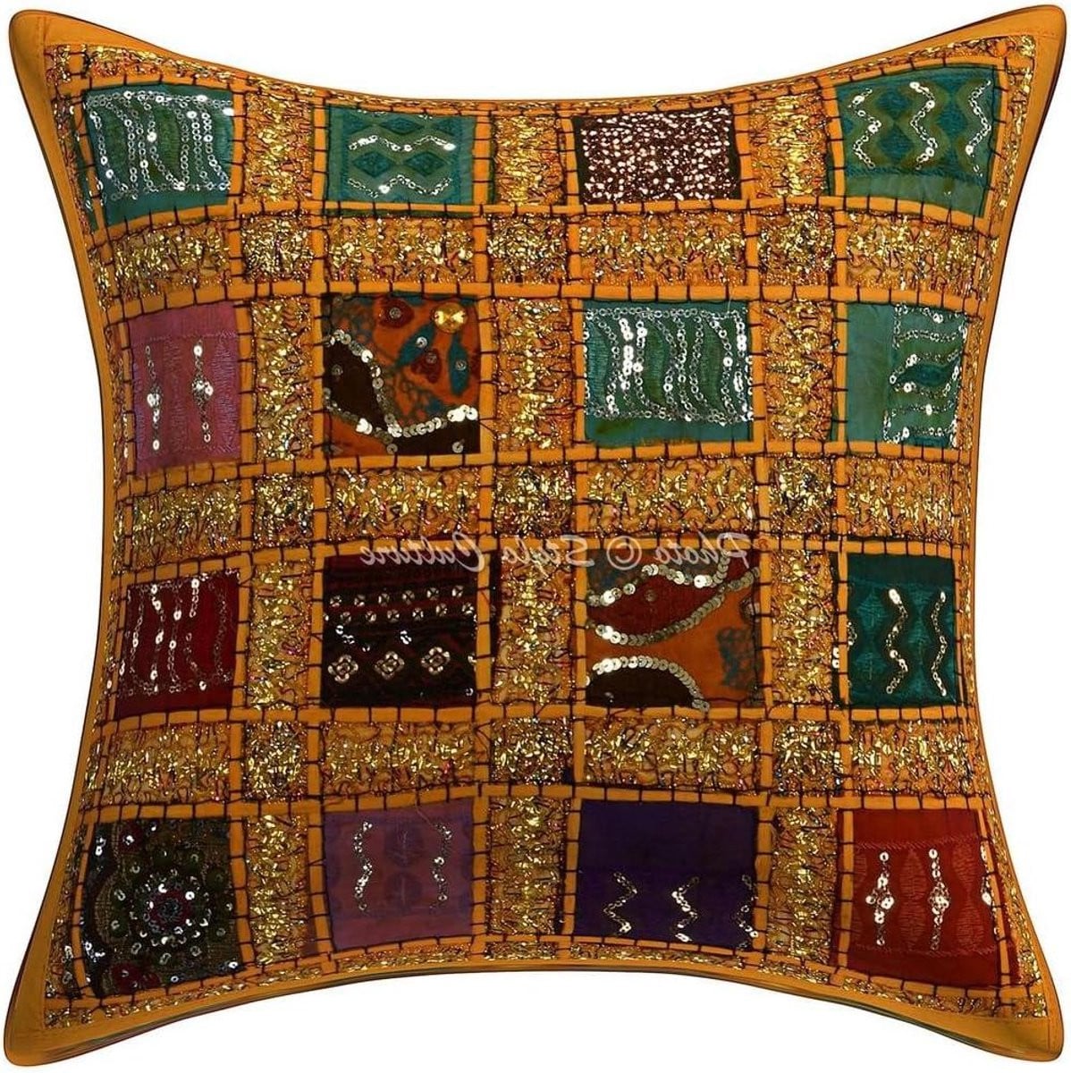 Katoenen Patchwork Sierkussenhoes met Geborduurde Pailletten - Mango Geel - 40 x 40 cm