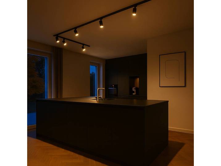 Calex Schienenset, 6 GU10-Spots, schwarz, Länge 3 m, Metall GU10, dimmbar, schwarz, für Wohn- / Esszimmer, Metall, Modern