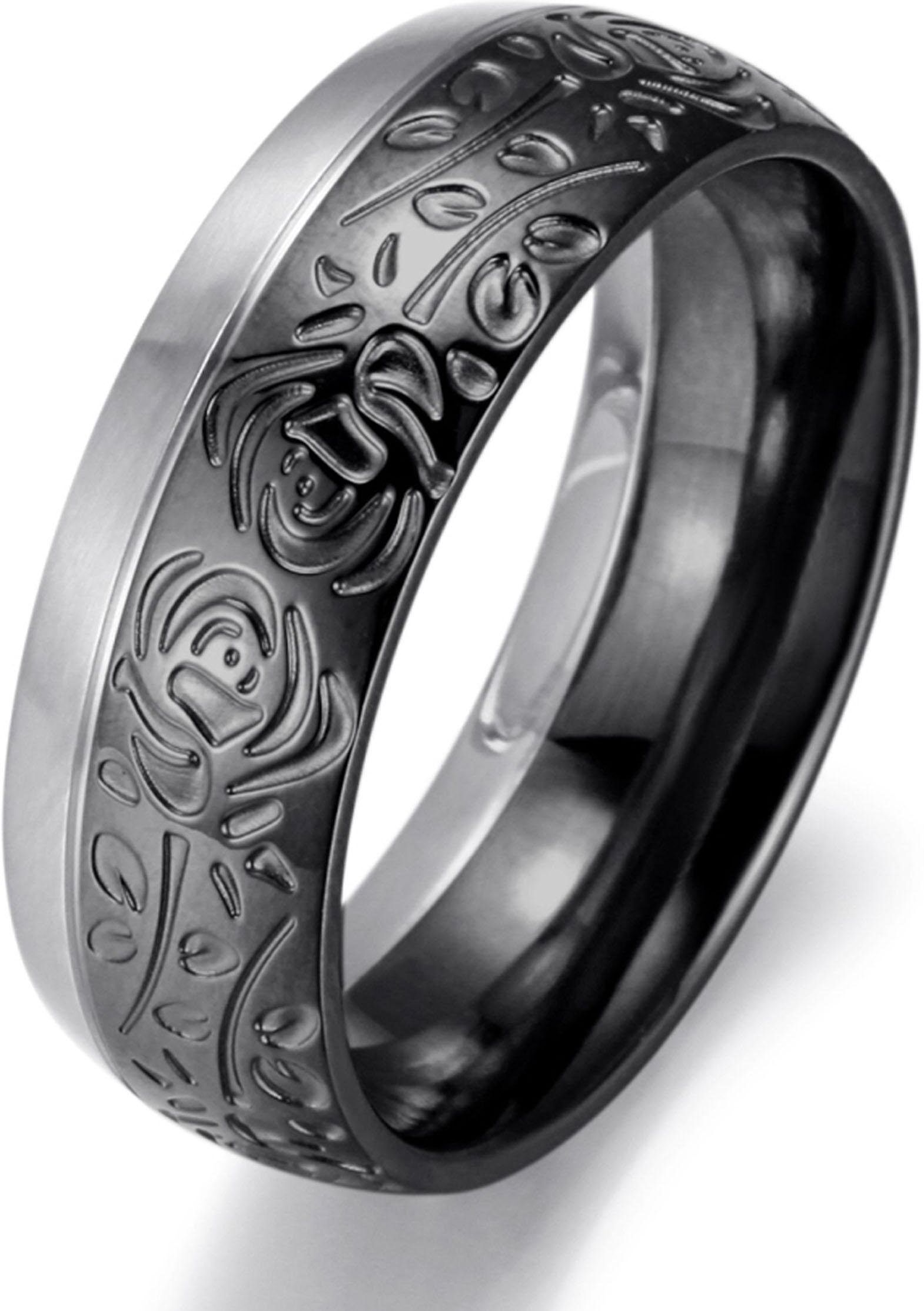 Trauring FIRETTI "Schmuck Geschenk "LIEBE" bicolor, ca. 8,00 mm breit" Gr. 58, schwarz (edelstahlfarben, schwarz), Fingerringe, Damen, 58,mit Aussenstruktur, Edelstahl, 8mm, Trauring edelstahlfarben, schwarz 58,mit Aussenstruktur, Edelstahl, 8mm