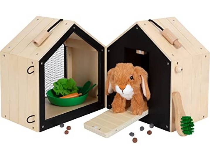 small foot Hasenstall mit Auslauf aus Holz, mit umfangreichem Zubehör, Rollenspielzeug für Kinder ab 3 Jahren, 12399