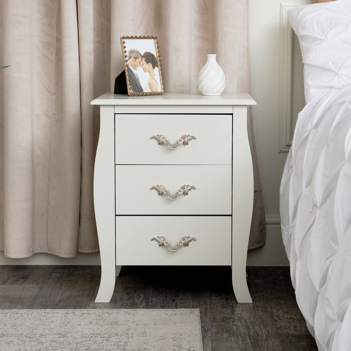 3 Drawer Bedside Table - Elizabeth Ivory Range Coated MDF, Metal
