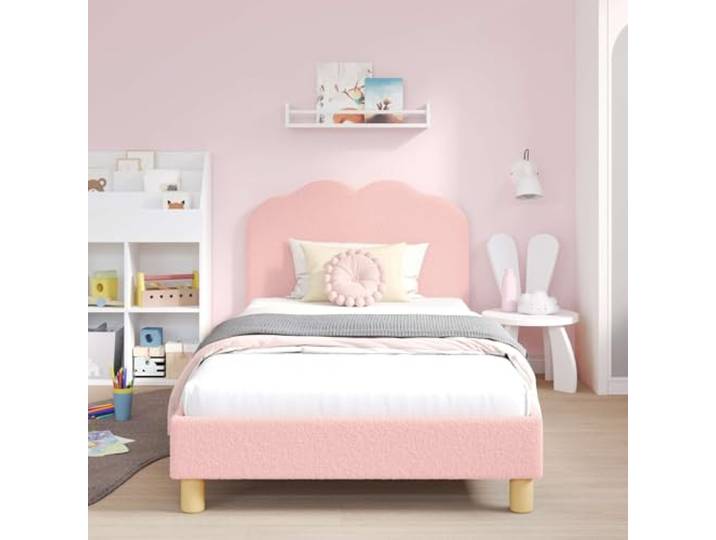 RJPLMFV Bettgestell, Rosa, 90 x 190 cm, mit Kopfteil Schlingenstoff, Holz, Lattenrost inklusive, einfach zu montieren, feuchte Reinigung