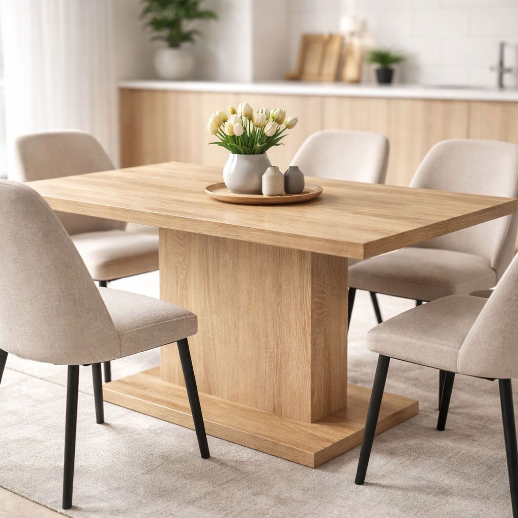 Esstisch GOODPRODUCT "Atina Säulentisch, Küchentisch, Speisetisch, Dekortisch", braun (sonoma eiche dekor, sonoma eiche dekor), B:138cm H:74cm T:80cm, Tische, Esstisch, Moderner Esstisch für 4-6 Personen, erhältlich in Trend-Dekoren sonoma eiche dekor, so
