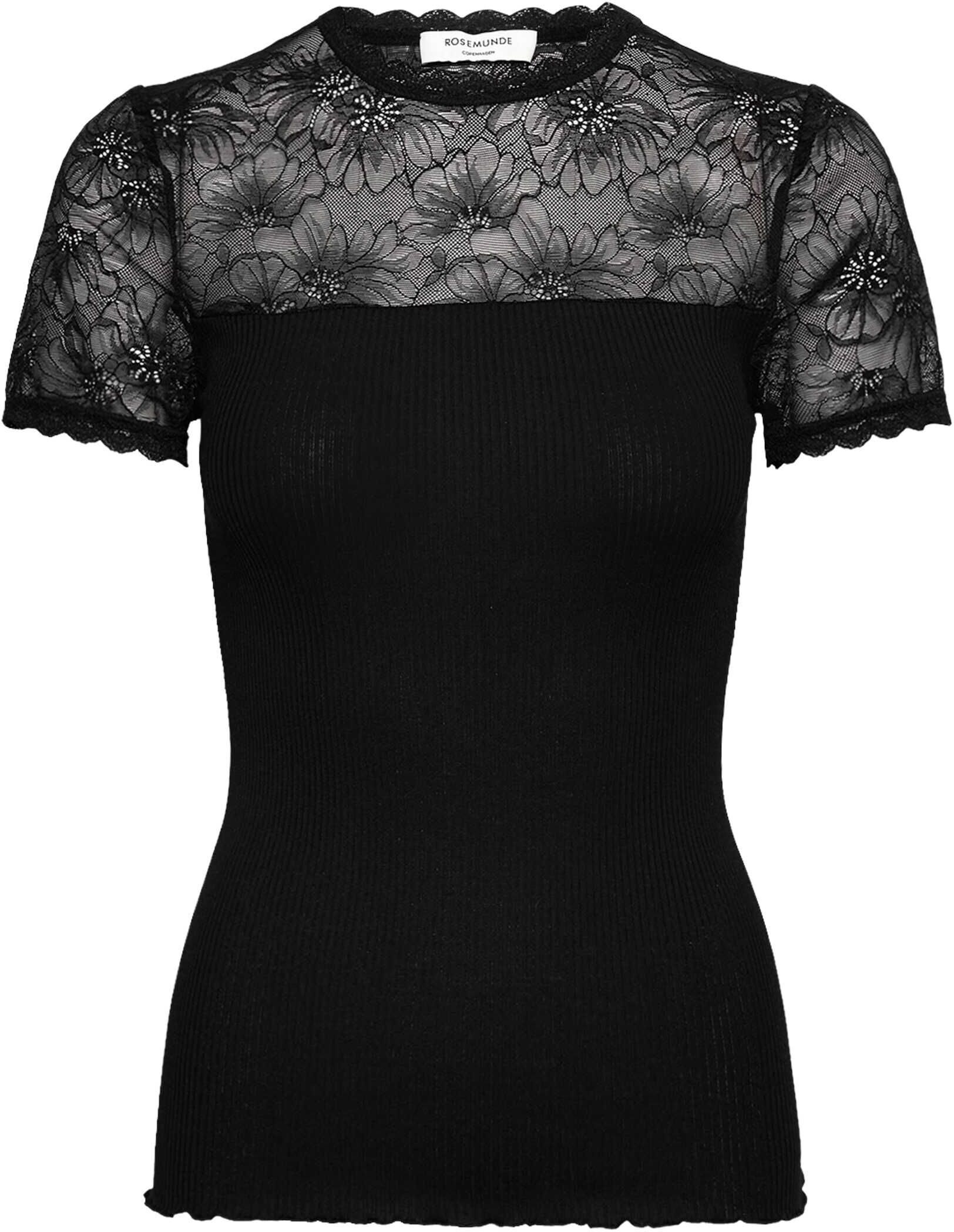 T-Shirt ROSEMUNDE "Beatha lace t-shirt", Damen, Gr. XL, schwarz, Obermaterial: 55% Seide, 45% Baumwolle, geblümt, gemustert, leicht transparent, schmal hüftbedeckend, tiefer Rundhals, Spitze, Shirts T-Shirt, Halbarm, Ärmel und Dekolleté sowie oberer Rücke
