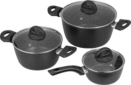 Batería de cocina - Jata Hogar BC3, 2 cazuelas y 1 cazo con tapas, Antiadherente
