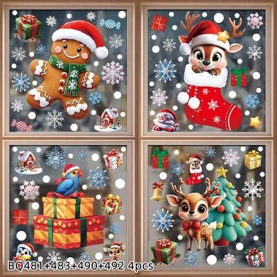 Uplifted Finds 2025 Christmas Static Window Clings Gingerbread Man, Snowman, Snowflake & Santa Claus Decals xe 4 Pcs
