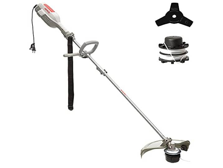 IKRA Elektro Freischneider IES 1000 C inkl. Spule, Messer & Schultergurt Schnittkreis bis 37cm, 1000W, schneidet Gras an schwer zugänglichen Stellen, müheloses Schneiden von Brennnesseln & Disteln