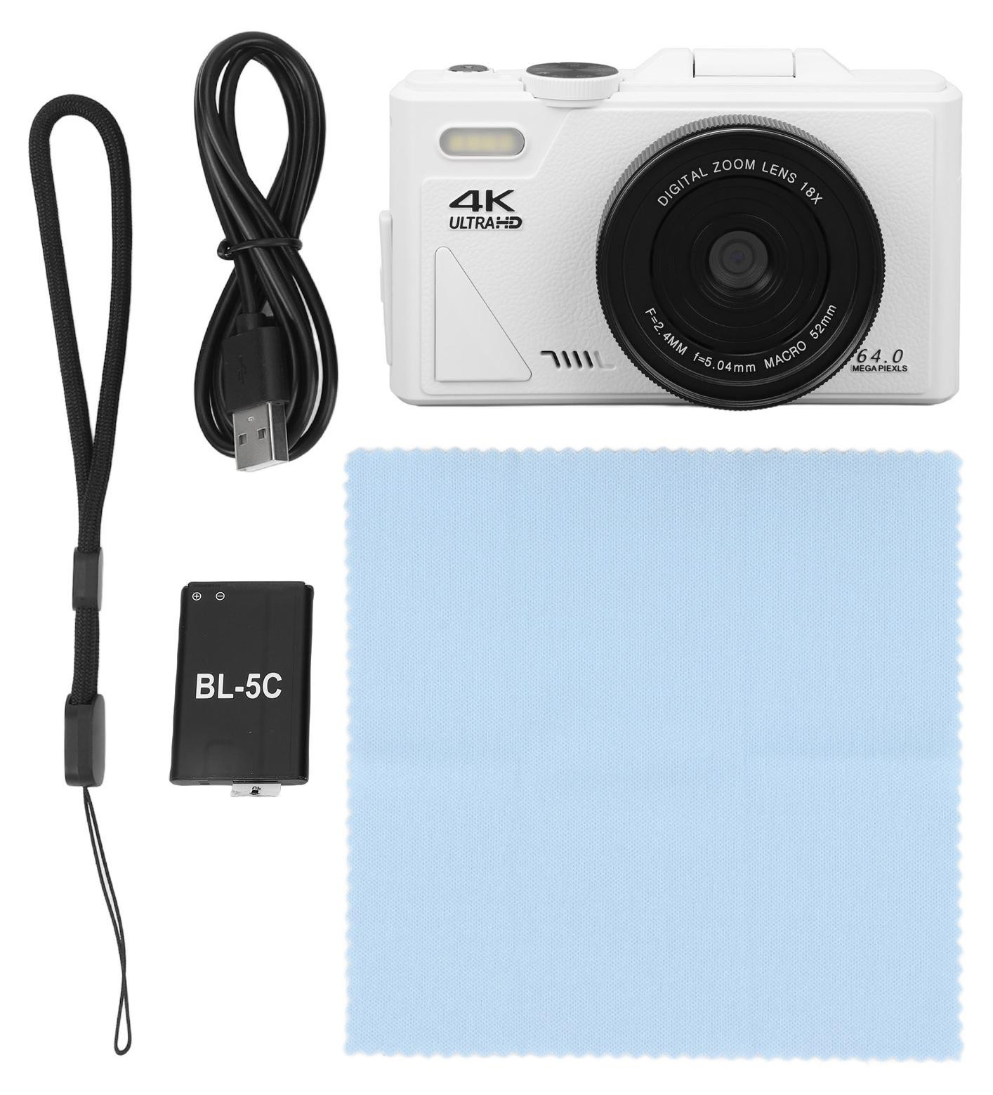 Gistuch 4K Digitale Camera met 64 MP, 18x Zoom en Wi-Fi, Wit