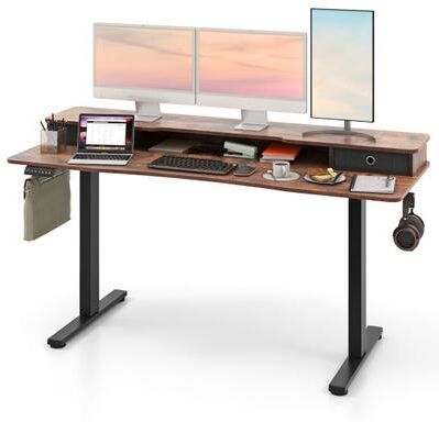Costway 63 Inch x 24 Inch Electric Standing Desk with 2 Drawers-Rustic Brown