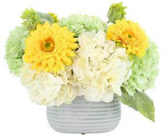 Creative Labs Hydrangea and Sunflower Arrangement in Ridged Vase