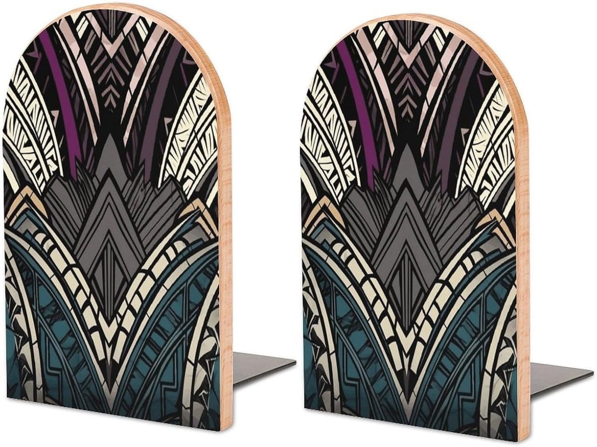 Houten Boekensteunen met Art Deco Patroon - 2 Stuks - Natuurlijk Hout