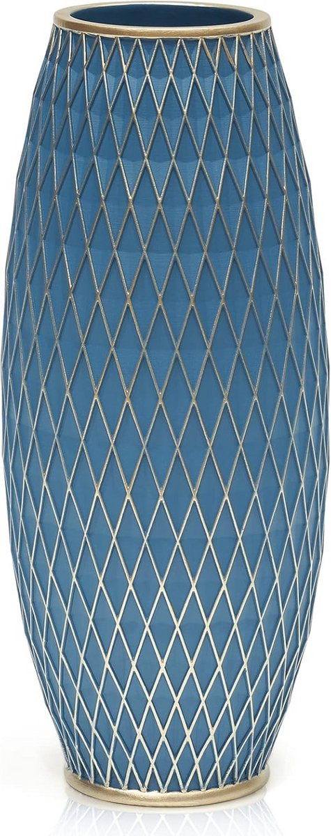 Decoratieve handgemaakte bloemenvaas met marineblauw en gouden diamantpatroon