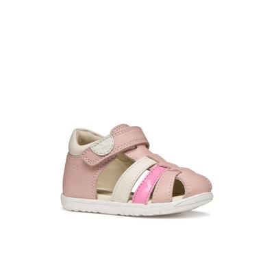 Lauflernschuh GEOX "B SANDAL MACCHIA GIR", Baby, Gr. 21, rosa, Leder, Lederimitat, kontrastfarbene Details, Schuhe Lauflernschuh, Babyschuh mit Klettverschluss, Größenschablone zum Download