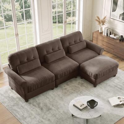 "GDFStudio - Chenille 98"" 3-Seater L-Shape Modular Sectional Sofa with Ottoman, Ruffled Edge & Lumbar Pillows"