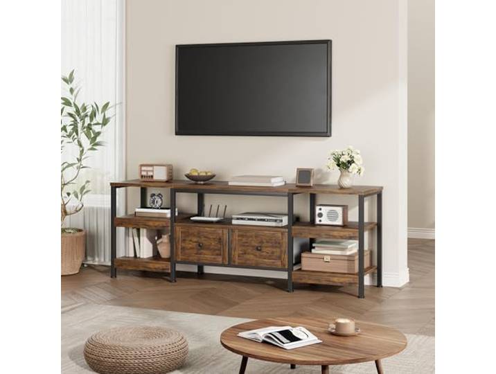 Thaookte TV-Schrank Lowboard Für Fernseher Bis Zu 78 Zoll TV-Ständer Fernsehtisch Mit 2 Schubladen, 5 Offenen Fächern Wohnzimmer Fernsehschrank TV Board, Metallgestell