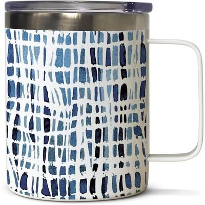 Highland Home Wavy Indigo Design Stainless Steel Mug with Lid 12 oz. Manufactured in the USA