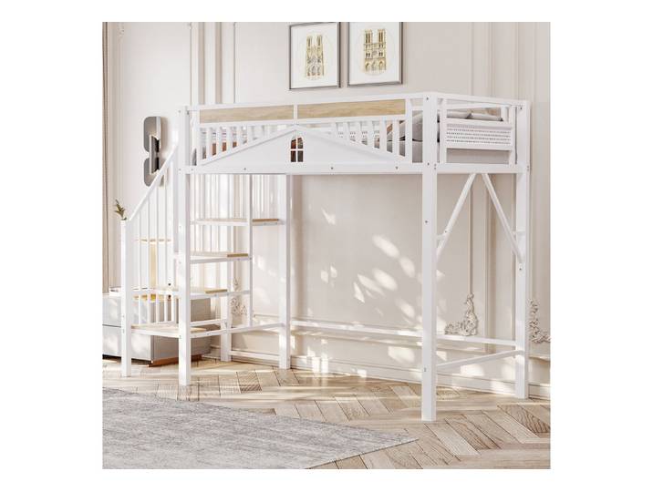 Flieks Hochbett Metallbett Kinderbett 90x200cm mit Treppe und Sicherheitszaun