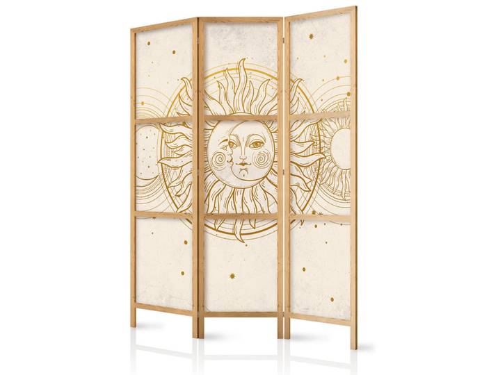 Muralo Paravent Japanischer 3-tlg 135x172 cm Monde Und Sterne, Beige, Holz, Pinie, Galaxis, Rechteckig, 135x172x3 cm, Wohnzimmer, Raumteiler, Paravents