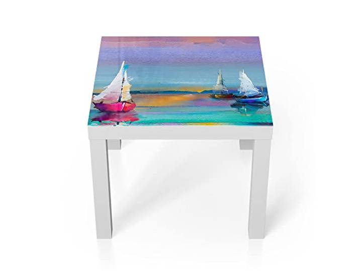 DEQORI Glastisch weiß klein 55x55 cm Motiv Drei bunte Segelboote ausgefallener Beistelltisch aus Glas Hochglanz Couchtisch fürs Wohnzimmer moderner Couch Tisch mit Design