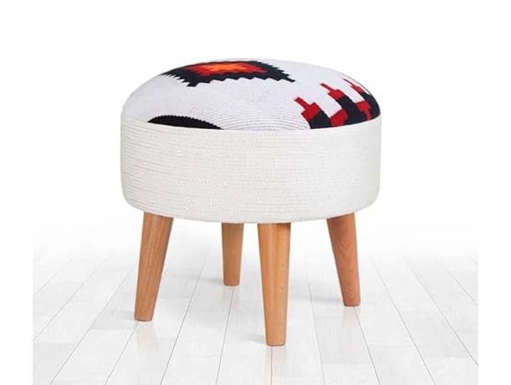 Stilvoller Pouf mit Holzbeinen, cremefarben, 42 cm hoch, 46 cm tief 50 % Baumwolle/50 % Polyester, 7 cm orthopädischer Schaumstoff Ideal für skandinavische und ethnische Einrichtung