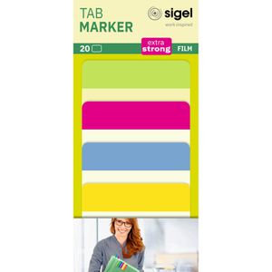 Sigel Haftmarker Tab Marker, HN204, transparent, Folie, beschriftbar, 4 x 5 Streifen, farbsortiert