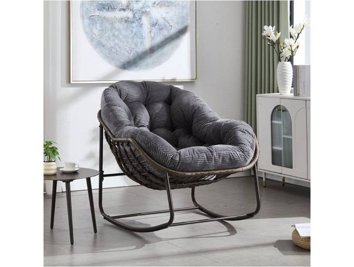 Rocking-chair 1 place avec coussin rembourré - MEUNIQ - structure en acier et rotin synthétique gris