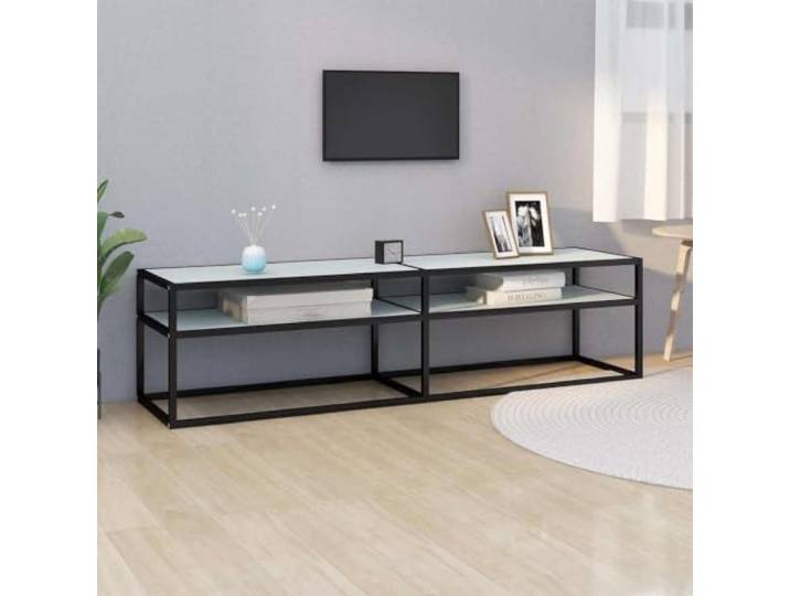 HEFZGDB TV-Schrank Weiß Marmor-Optik 160x40x40,5 cm Hartglas Moderner TV-Tisch mit Stahlrahmen und Ablagefläche