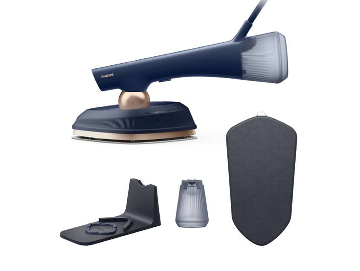 PHILIPS Dampfbügeleisen GC215/20 OneTurn 2-in-1 Bügeleisen & Steamer, SoftBoard & Dock inkl. , blau (dunkelblau, gold), B:12cm H:17cm T:34cm, Bügeleisen, SteamGlide Plus, 200ml+300ml Wasserbehälter u. 90 g Dampfstoß, Dampfbügeleisen
