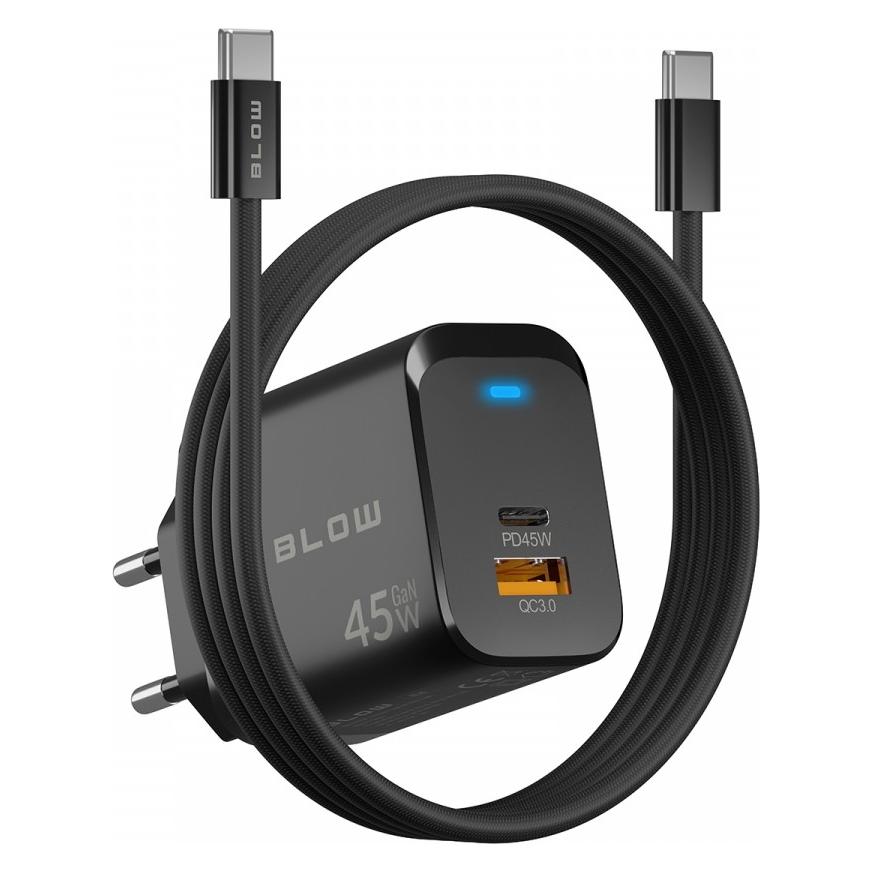 Blow Ładowarka 76-033# Ładowarka sieciowa gniazdo usb + usb-c pd 45w + kabel (45 W, 2 Ports) (76-033#)