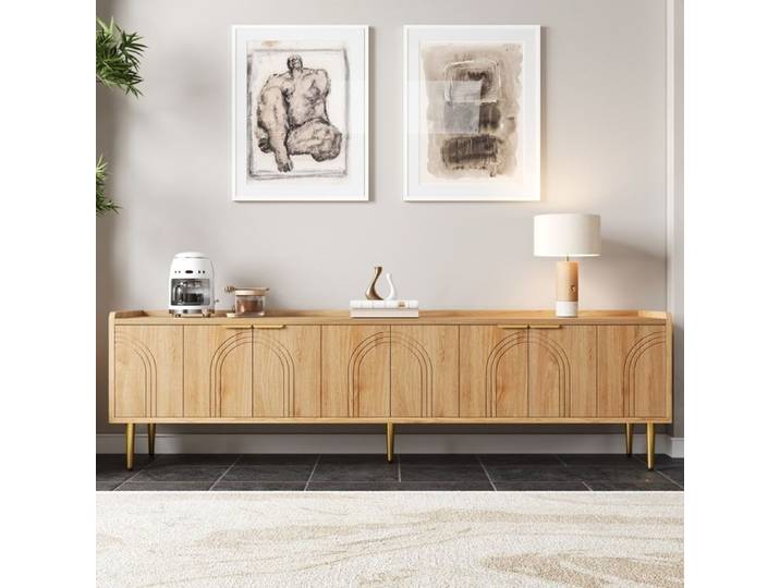 Meuble TV - DREAMMESPACE - Design Contemporain - Bois Naturel - 4 Portes - 170x35x47 5 cm