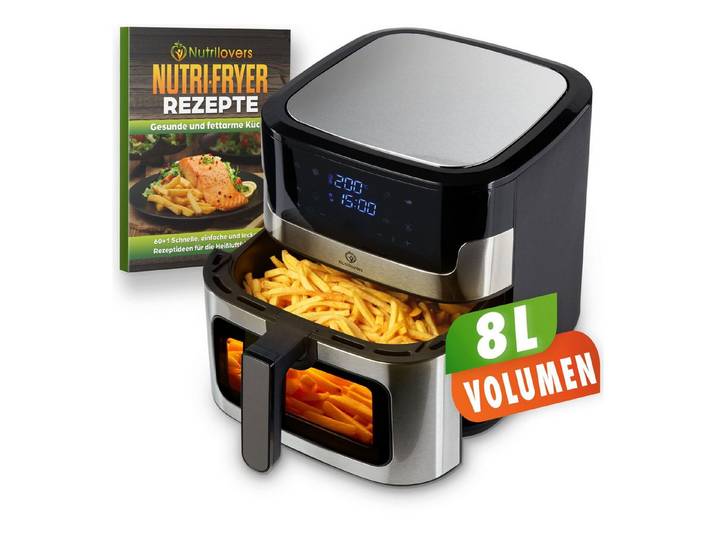 Nutrilovers Heißluftfritteuse NUTRI-FRYER Hei fluftfritteuse Edelstahl, 8L, 2000W, Ober- & Unterhitze, 2000 W, Double-Heat-Heizsystem mit Ober- und Unterhitze