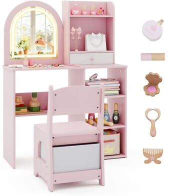 Costway Kids Vanity Set Princess Girls Makeup Vanity Desk with Chair and 3-Color LED Lighted Mirror-Pink