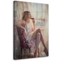 WANDBILD nachdenkliche frau mit einem glas wein