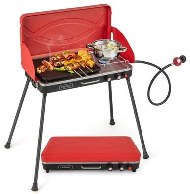 Costway 2-in-1 Gas Camping Grill and Stove with 4 Detachable Legs-Red
